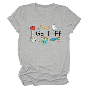 Casual grey short sleeve women t-shirt featuring cute school letters print design for daily wear.