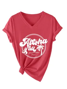 Women's red V-neck short sleeve t-shirt with tropical aloha y'all graphic and tie hem.