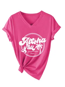 Women's pink V-neck short sleeve t-shirt featuring Aloha y'all tropical hibiscus print.