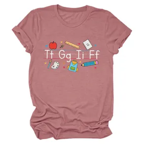 Casual women's crewneck short sleeve t-shirt featuring fun school alphabet print details.