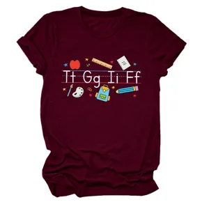 Burgundy short sleeve t-shirt for women, featuring cute school theme graphic letter print.