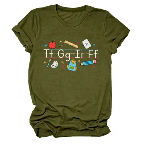 Women army green short sleeve t-shirt teacher theme letter print casual crewneck top