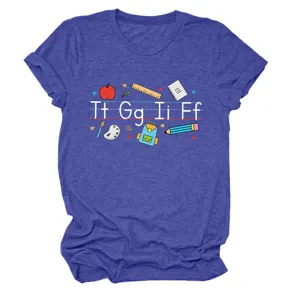 Women's blue heather short sleeve t-shirt featuring cute school themed letter graphic print.