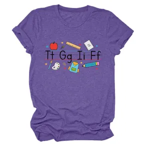 Purple women's casual short sleeve t-shirt with cute school alphabet and stationery print.