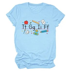 Light blue women short sleeve T-shirt with cute school theme letters and stationery print.