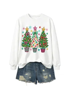 Damen Weihnachtnbaum Grafik weißer Langarm Rundhalsausschnitt Pullover mit Jeansshorts