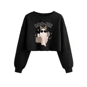 Damen schwarzer Cropped Pullover Langarm Halloween Geist Leo Print casual Oberteil