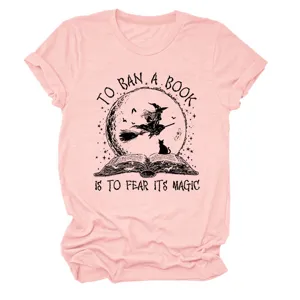 Pink casual short sleeve t-shirt with funny book witch graphic print for women daily wear