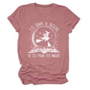 Women vintage graphic short sleeve t-shirt, Halloween witch book slogan casual top tee.