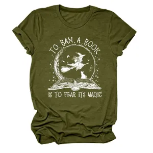 Olive green short sleeve women's t-shirt with book witch graphic, casual holiday top.