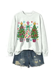 Damen Weihnachtsbaum Grafik Langarm Sweatshirt passend zu Jeansshorts Freizeit Outfit