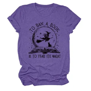 Detailed close-up view showing the literary witch graphic print on the soft purple fabric.