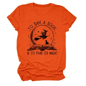Orange Halloween witch graphic women short sleeve t-shirt casual round neck vintage tee.