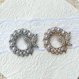 Pearl butterfly rhinestone brooch base gem tray silver and gold metal decorative fashion pin.