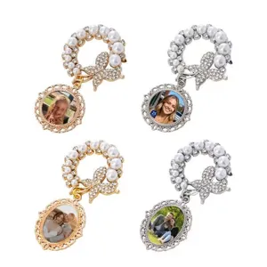 Personalized custom photo frame brooch pin with pearl rhinestone butterfly charm gift