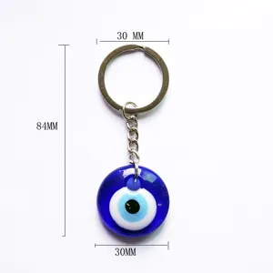 Blue glass evil eye keychain Turkish lucky amulet pendant metal keyring accessory 84mm length