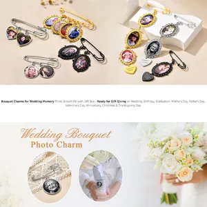Custom wedding bouquet photo charm memorial brooch pin with frame for bridal memory gifts.