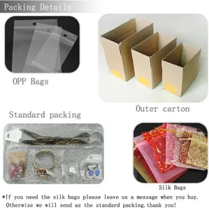Jewelry packaging details display including OPP bags, outer cartons, and standard gift bags.