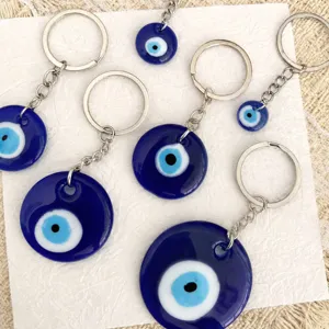 Turkish evil eye glass keychain set, blue lucky amulets with metal rings for bags.