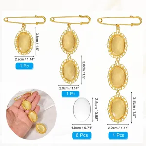 DIY brooch pin tray size chart showing gold oval bezel pendant dimensions and quantity details.