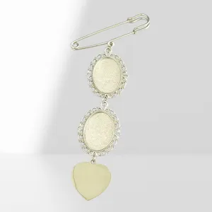 Detailed view of European vintage lace oval safety pin brooch blank base with heart pendant.