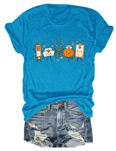 Cute nurse Halloween cartoon print t-shirt paired with denim shorts casual summer top