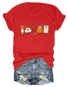Women cute medical nurse pumpkin short sleeve red t-shirt casual summer top apparel