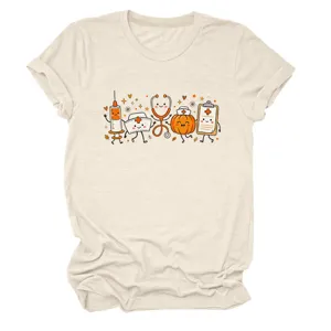 Women casual medical cartoon crew neck short sleeve t-shirt beige cute graphic top apparel
