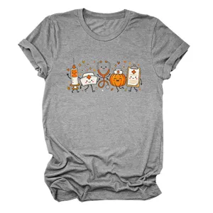 Close-up detail of the cute medical cartoon graphic print on the soft grey short sleeve tee.