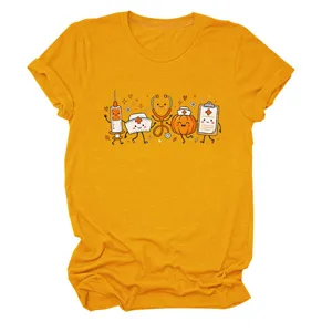 Cute medical cartoon print women t-shirt, casual golden round neck short sleeve top.