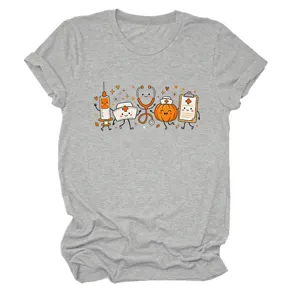 Women's Grey Short Sleeve T-Shirt Cute Medical Cartoon Print Casual Crew Neck Tee Detail