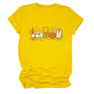 Women cute medical cartoon print yellow short sleeve casual round neck t-shirt top