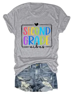 Maglietta grigia casual a maniche corte con stampa grafica second grade per abbigliamento donna.