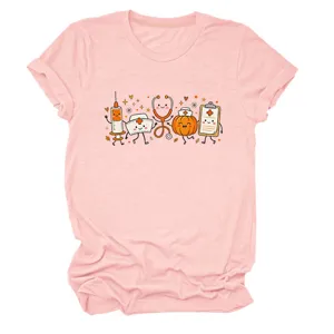 Cute medical cartoon print women's pink crew neck short sleeve t-shirt casual top.