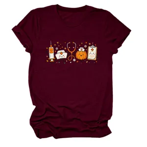 Detail of cute medical cartoon print women casual crew neck short sleeve burgundy t-shirt