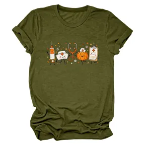 Women Casual Funny Nurse Medical Cartoon Print Crew Neck Short Sleeve T-Shirt Olive Green
