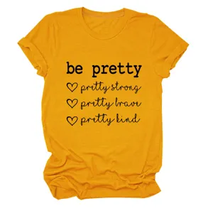 Casual geel T-shirt met korte mouwen en inspirerende bedrukte tekst voor dames.