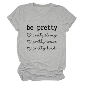 Casual comfortabel grijs dames T-shirt met korte mouwen en ronde hals met tekstprint.