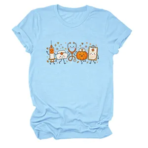 Women cute medical cartoon graphic short sleeve t-shirt, nurse hat stethoscope top casual