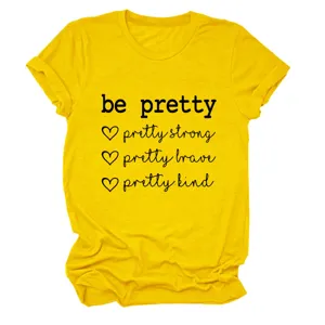 Dames casual t-shirt met ronde hals en korte mouwen met inspirerende grafische opdruk geel.