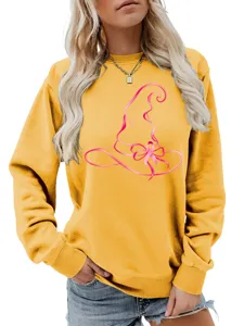 Donna Giallo Felpa Manica Lunga Nastro Rosa Cappello da Strega Casual Pullover Top