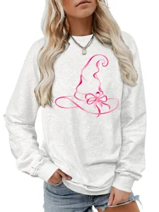 Vista dettagliata della felpa da donna casual con stampa di cappello e fiocco rosa.