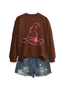 Felpa casual da donna marrone con cappello da strega fiocco rosa e pantaloncini.