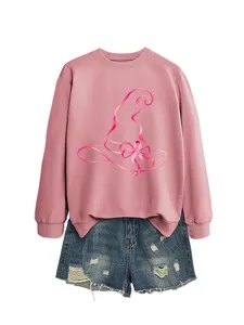 Felpa rosa casual da donna a maniche lunghe con stampa di cappello da strega e pantaloncini.