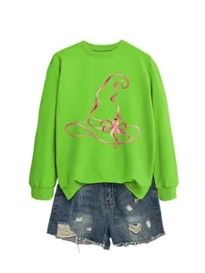 Felpa a maniche lunghe verde neon con grafica cappello da strega fiocco rosa, top casual.