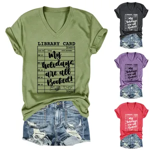 Dames V-Hals Korte Mouw T-Shirt Bibliotheek Kaart Grafisch Print Casual Zomer Top