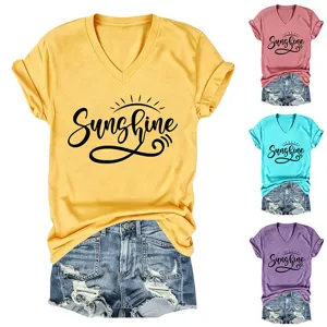 T-shirt décontracté col V Sunshine manches courtes été pour femme haut ample confortable