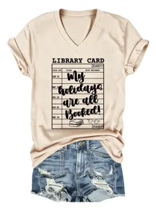 Trendy Mode Dames Zomer Casual V-Hals Bibliotheek Kaart Print Korte Mouw T-Shirt