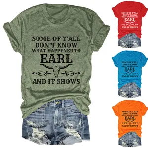 Casual women short sleeve round neck graphic t-shirt with denim shorts set for daily wear.