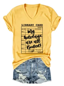 Bibliotheekkaart V-hals korte mouw dames casual katoen T-shirt top mode kleding